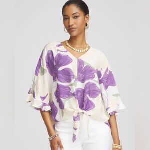 Chicos Ecovera Tie-Front Frill Sleeve Blouse Size 12/14 NWT